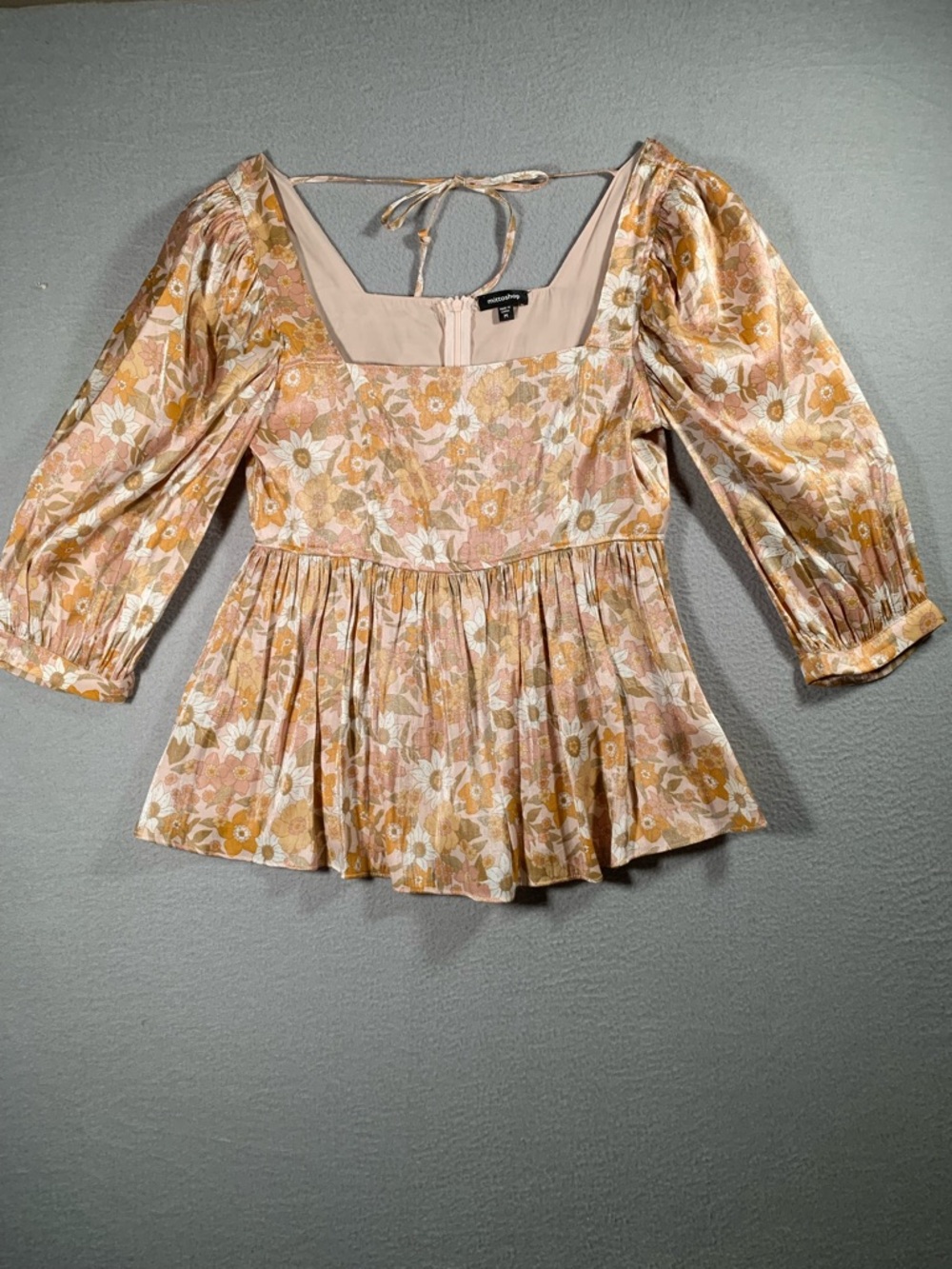 mittoshop Pink and Mustard Floral Square-Neck Puff Sleeve Blouse